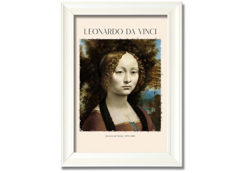 Canvas print of Ginevra De' Benci by Leonardo Da Vinci, featuring a young woman in Renaissance attire, mounted on a box frame.