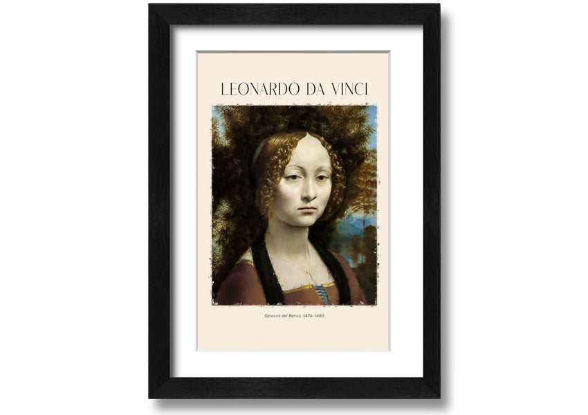 Canvas print of Ginevra De' Benci by Leonardo Da Vinci, featuring a young woman in Renaissance attire, mounted on a box frame.