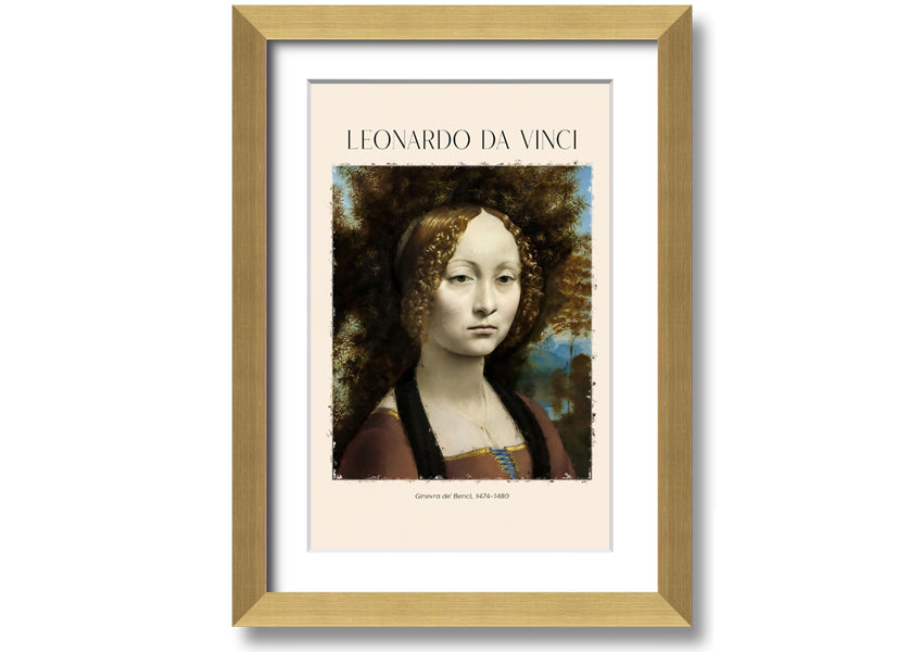 Canvas print of Ginevra De' Benci by Leonardo Da Vinci, featuring a young woman in Renaissance attire, mounted on a box frame.