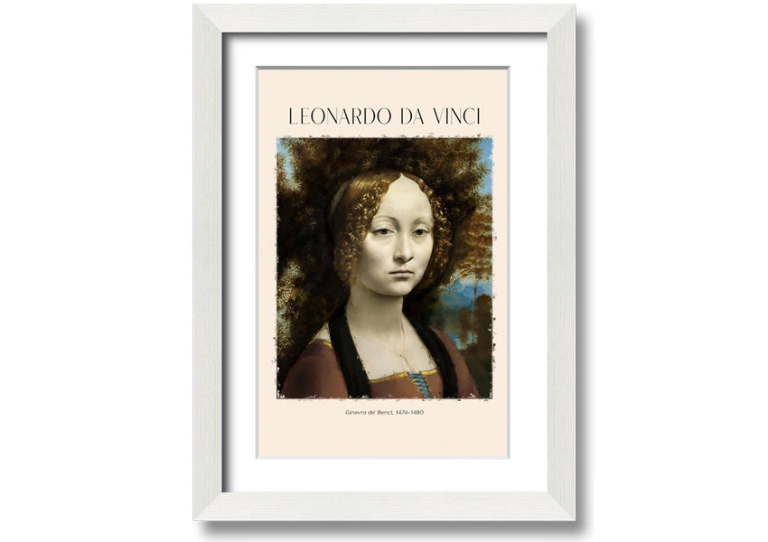 Canvas print of Ginevra De' Benci by Leonardo Da Vinci, featuring a young woman in Renaissance attire, mounted on a box frame.