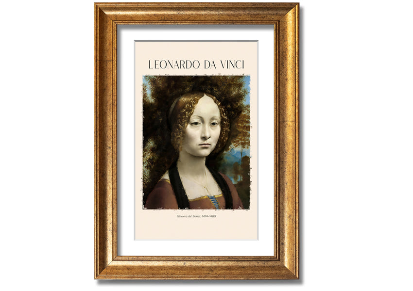 Canvas print of Ginevra De' Benci by Leonardo Da Vinci, featuring a young woman in Renaissance attire, mounted on a box frame.