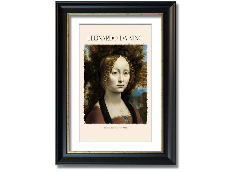 Canvas print of Ginevra De' Benci by Leonardo Da Vinci, featuring a young woman in Renaissance attire, mounted on a box frame.