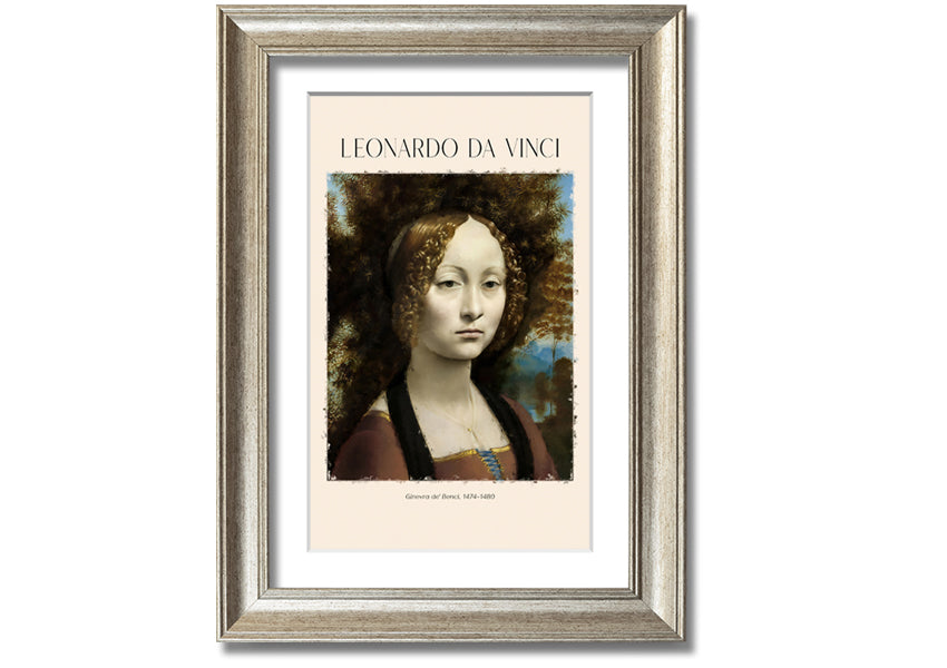 Canvas print of Ginevra De' Benci by Leonardo Da Vinci, featuring a young woman in Renaissance attire, mounted on a box frame.