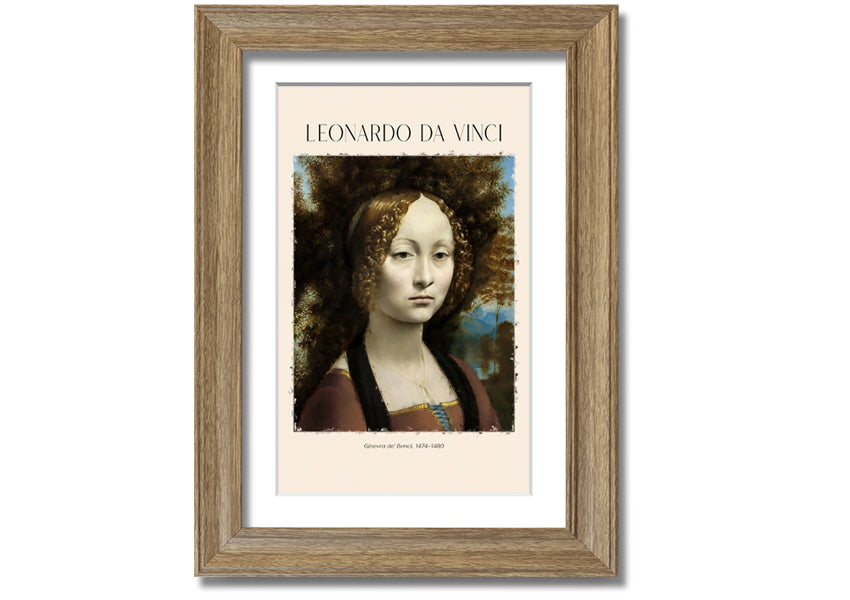 Canvas print of Ginevra De' Benci by Leonardo Da Vinci, featuring a young woman in Renaissance attire, mounted on a box frame.