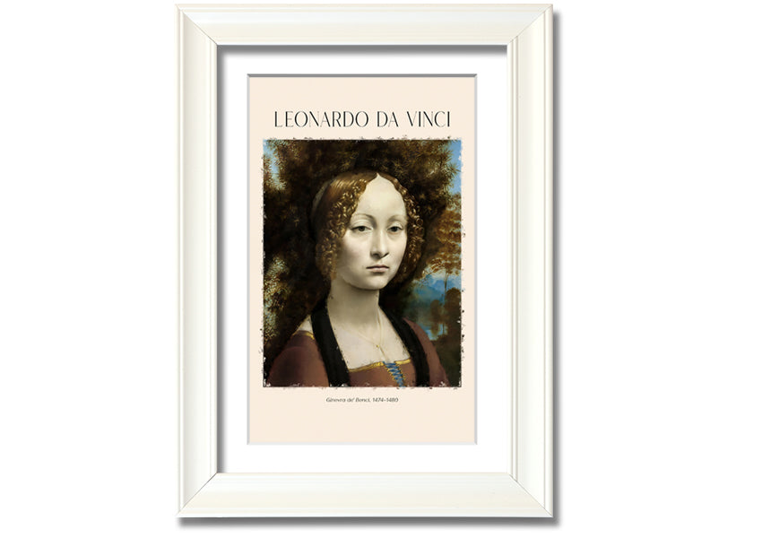 Canvas print of Ginevra De' Benci by Leonardo Da Vinci, featuring a young woman in Renaissance attire, mounted on a box frame.