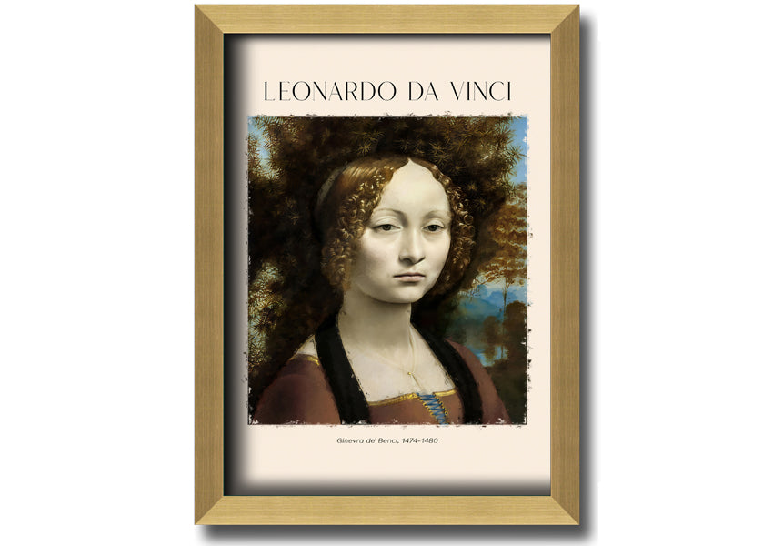 Canvas print of Ginevra De' Benci by Leonardo Da Vinci, featuring a young woman in Renaissance attire, mounted on a box frame.