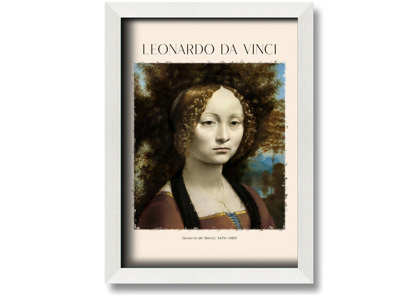 Canvas print of Ginevra De' Benci by Leonardo Da Vinci, featuring a young woman in Renaissance attire, mounted on a box frame.