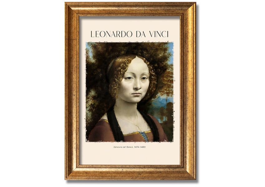 Canvas print of Ginevra De' Benci by Leonardo Da Vinci, featuring a young woman in Renaissance attire, mounted on a box frame.