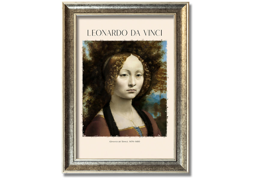 Canvas print of Ginevra De' Benci by Leonardo Da Vinci, featuring a young woman in Renaissance attire, mounted on a box frame.