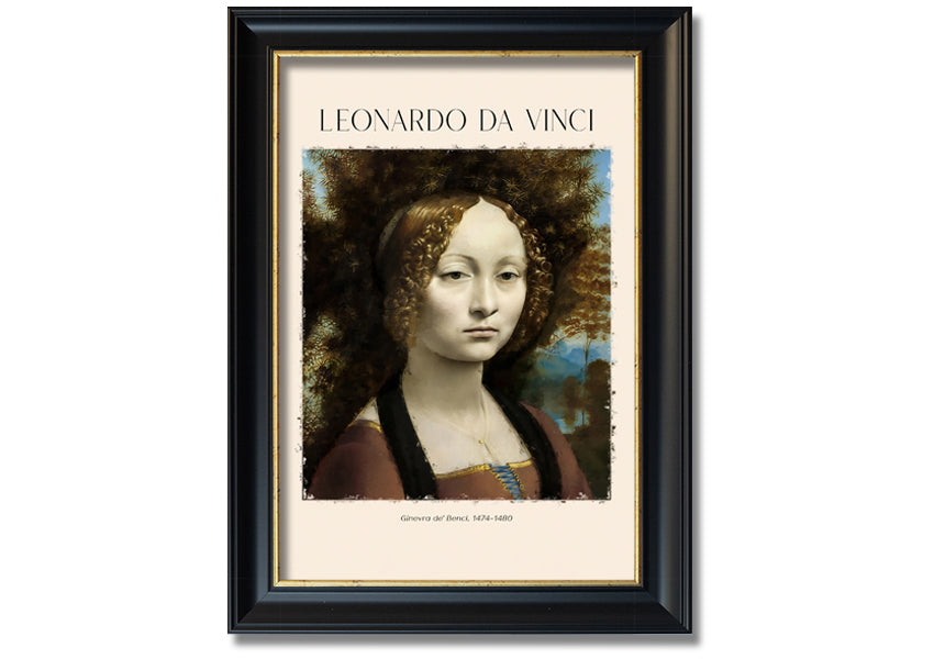 Canvas print of Ginevra De' Benci by Leonardo Da Vinci, featuring a young woman in Renaissance attire, mounted on a box frame.