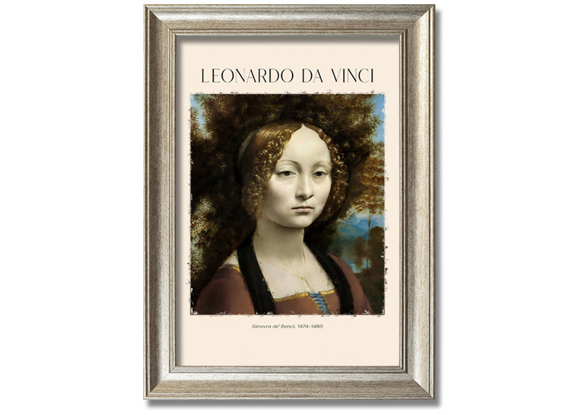 Canvas print of Ginevra De' Benci by Leonardo Da Vinci, featuring a young woman in Renaissance attire, mounted on a box frame.