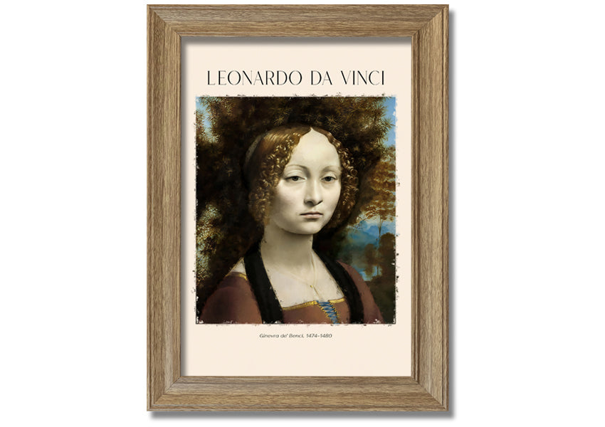 Canvas print of Ginevra De' Benci by Leonardo Da Vinci, featuring a young woman in Renaissance attire, mounted on a box frame.