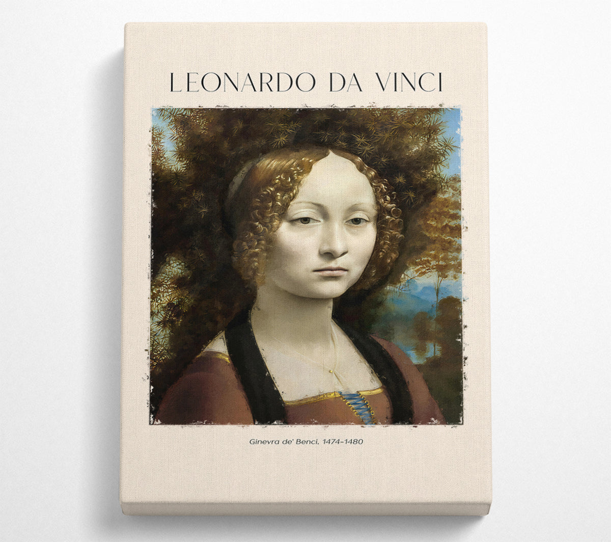 A high-quality canvas print of Ginevra De' Benci by Leonardo Da Vinci, featuring a young woman in Renaissance attire, mounted on a sturdy box frame.