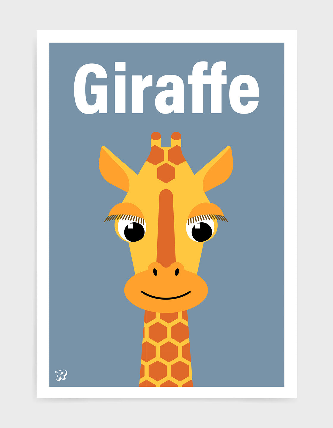 A vibrant and personalised giraffe poster for children's nursery decor, featuring a cute giraffe illustration and customizable name.