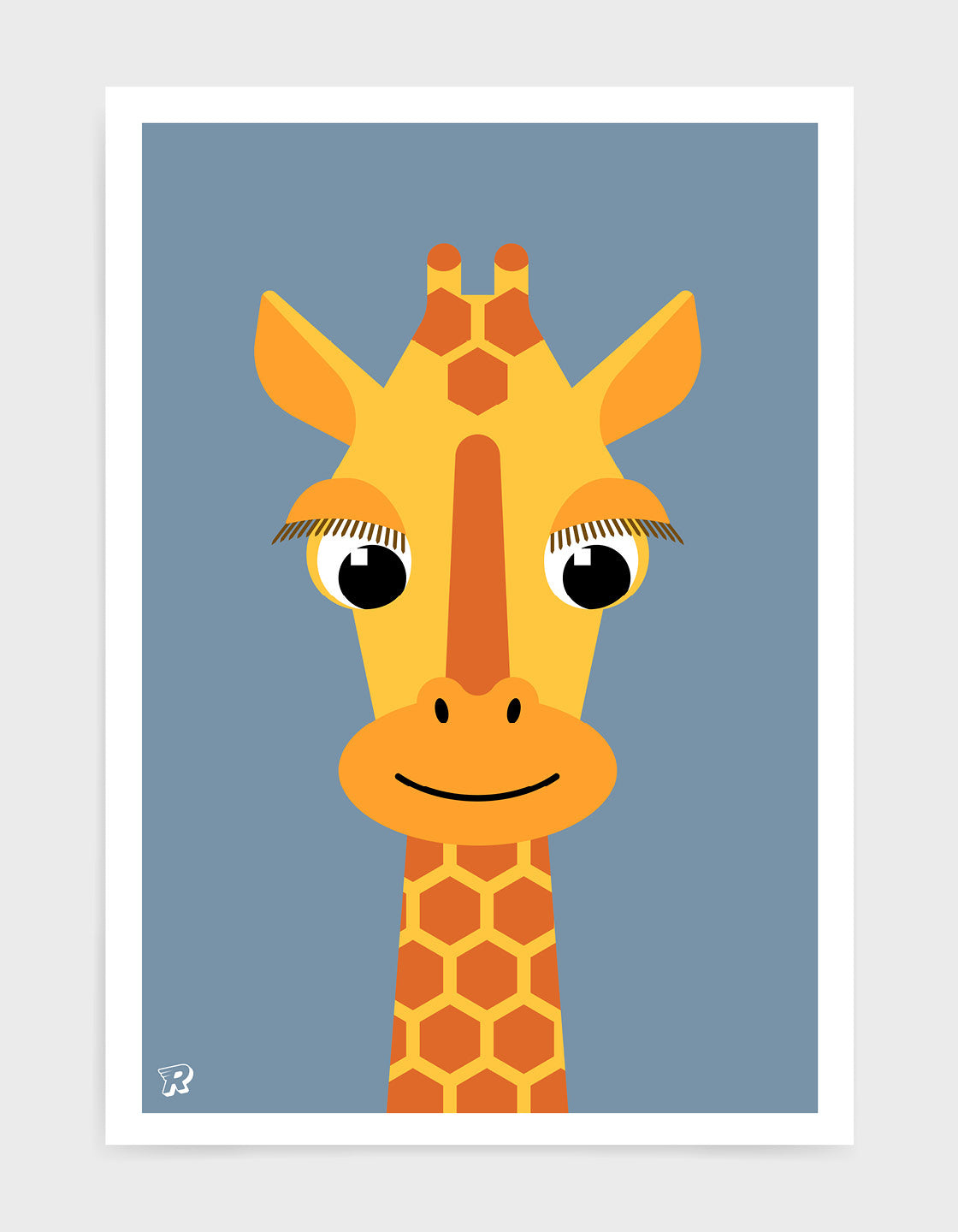 A vibrant and personalised giraffe poster for children's nursery decor, featuring a cute giraffe illustration and customizable name.