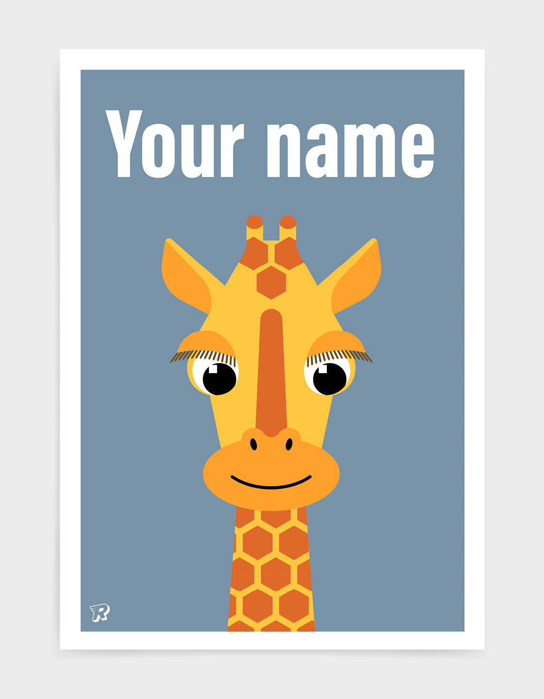 A vibrant and personalised giraffe poster for children's nursery decor, featuring a cute giraffe illustration and customizable name.