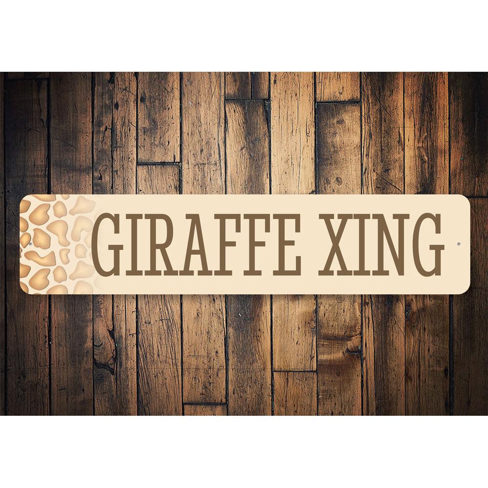 A whimsical Giraffe Crossing Sign made of durable aluminum, featuring a playful giraffe design, perfect for home decor.