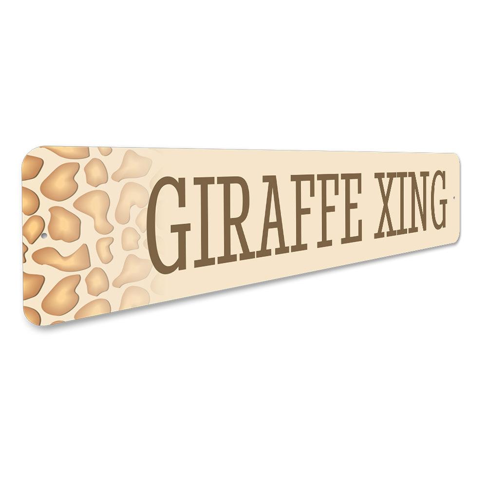 A whimsical Giraffe Crossing Sign made of durable aluminum, featuring a playful giraffe design, perfect for home decor.