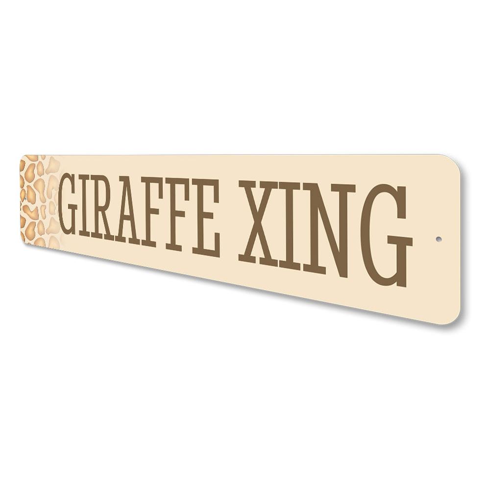 A whimsical Giraffe Crossing Sign made of durable aluminum, featuring a playful giraffe design, perfect for home decor.