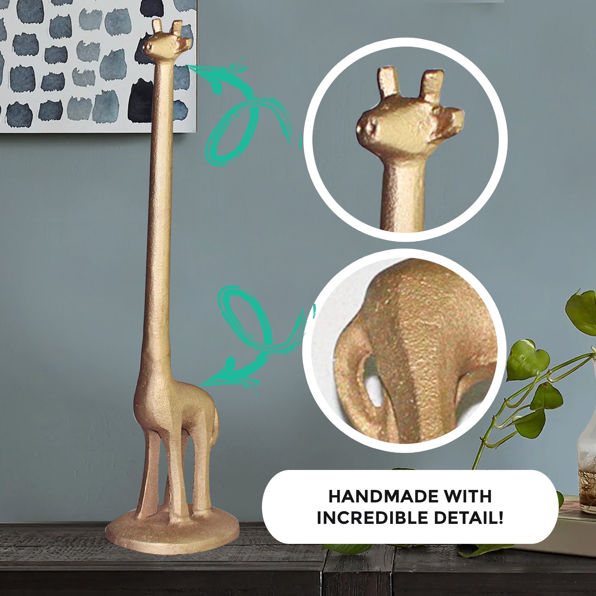 Handmade gold cast iron giraffe paper towel holder, featuring a detailed giraffe design with a tall neck, perfect for kitchen or bathroom use.