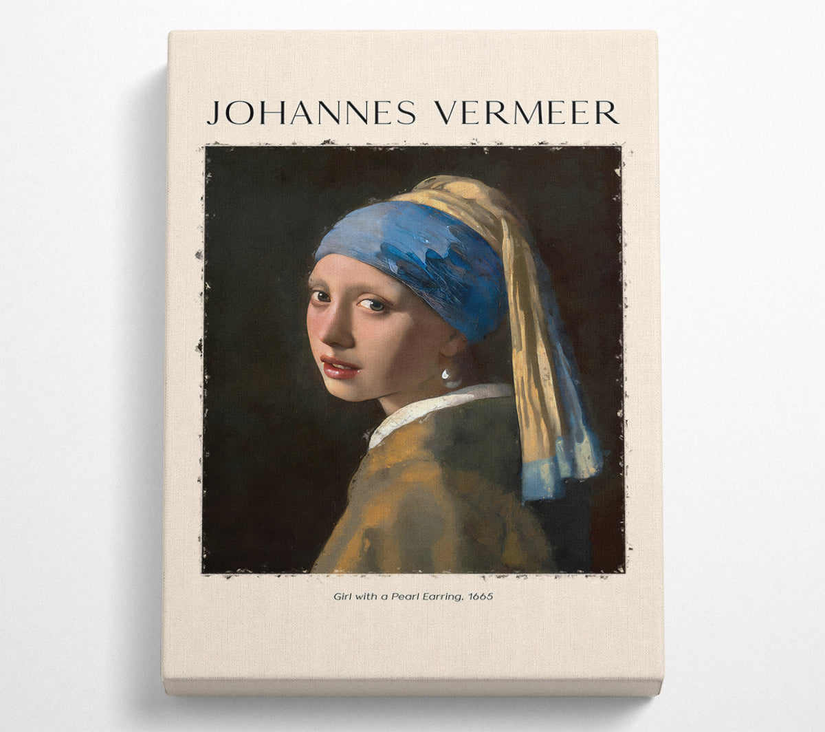 A detailed reproduction of 'Girl With A Pearl Earring' by Johannes Vermeer, printed on canvas and mounted on a box frame, ready to hang.