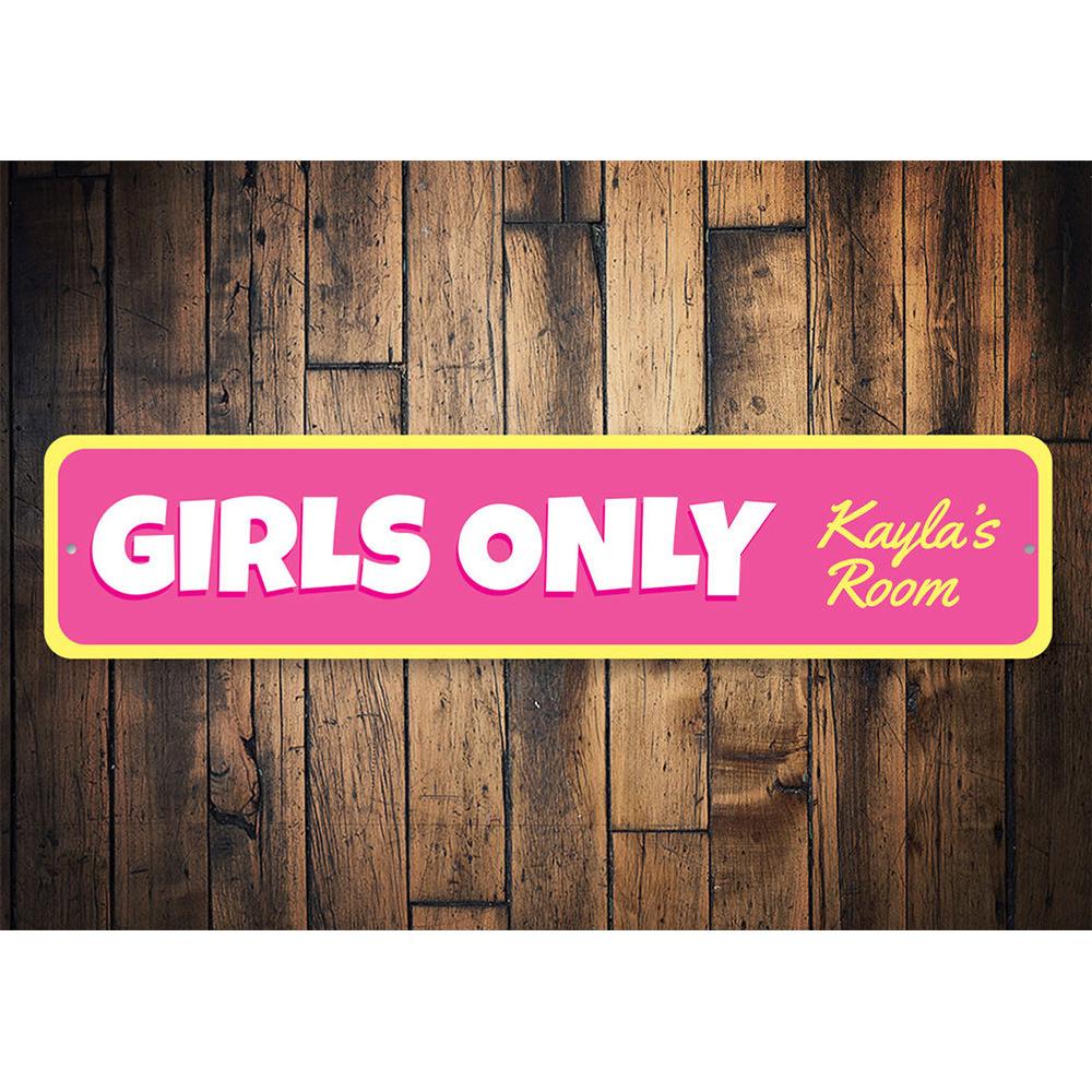 A decorative Girls Only sign made of high-quality aluminum, featuring vibrant colors and a playful design, perfect for kids' rooms.