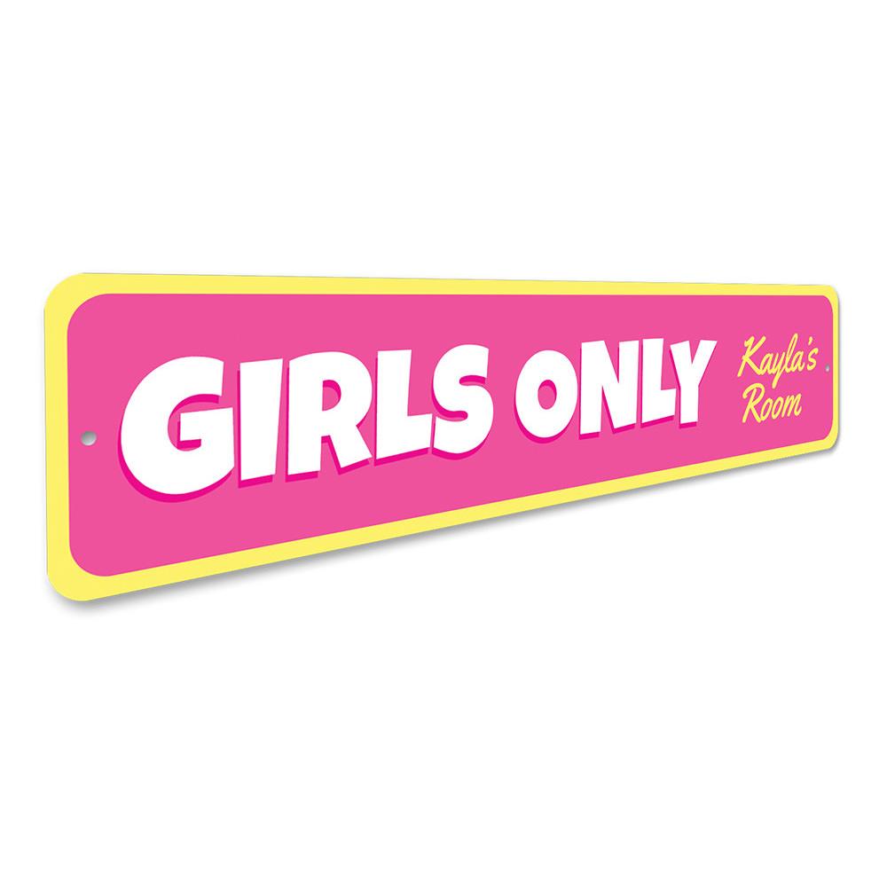 A decorative Girls Only sign made of high-quality aluminum, featuring vibrant colors and a playful design, perfect for kids' rooms.