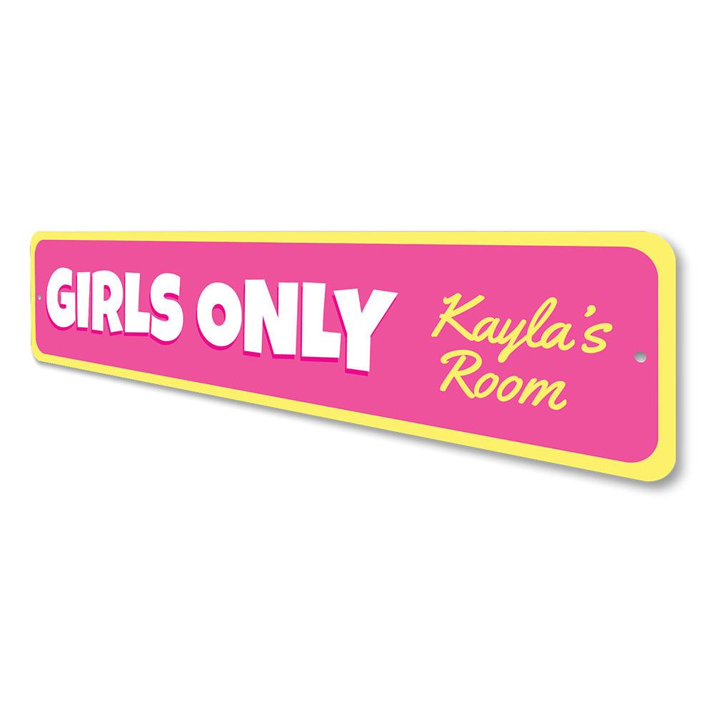 A decorative Girls Only sign made of high-quality aluminum, featuring vibrant colors and a playful design, perfect for kids' rooms.