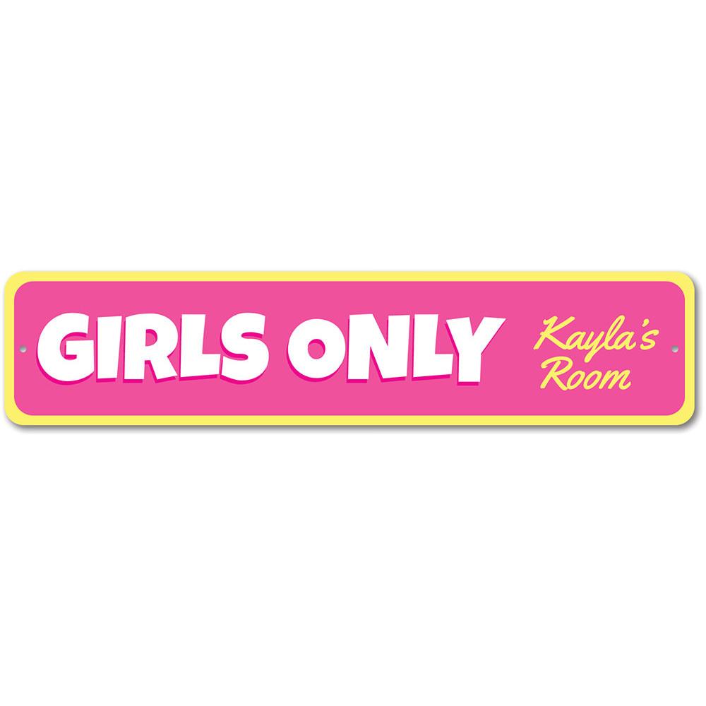 A decorative Girls Only sign made of high-quality aluminum, featuring vibrant colors and a playful design, perfect for kids' rooms.