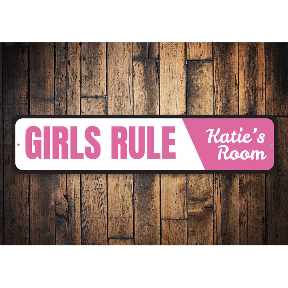 Girls Rule Sign made of high-quality aluminum, featuring vibrant colors and customizable text, perfect for children's rooms.