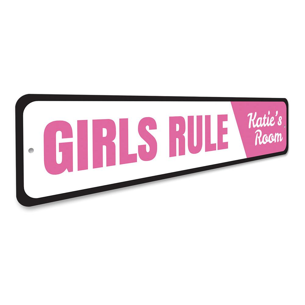 Girls Rule Sign made of high-quality aluminum, featuring vibrant colors and customizable text, perfect for children's rooms.