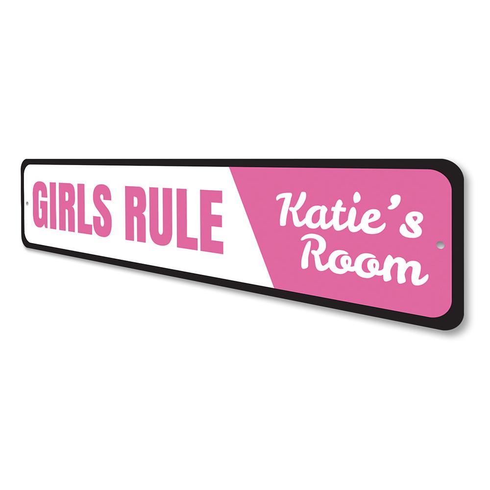 Girls Rule Sign made of high-quality aluminum, featuring vibrant colors and customizable text, perfect for children's rooms.