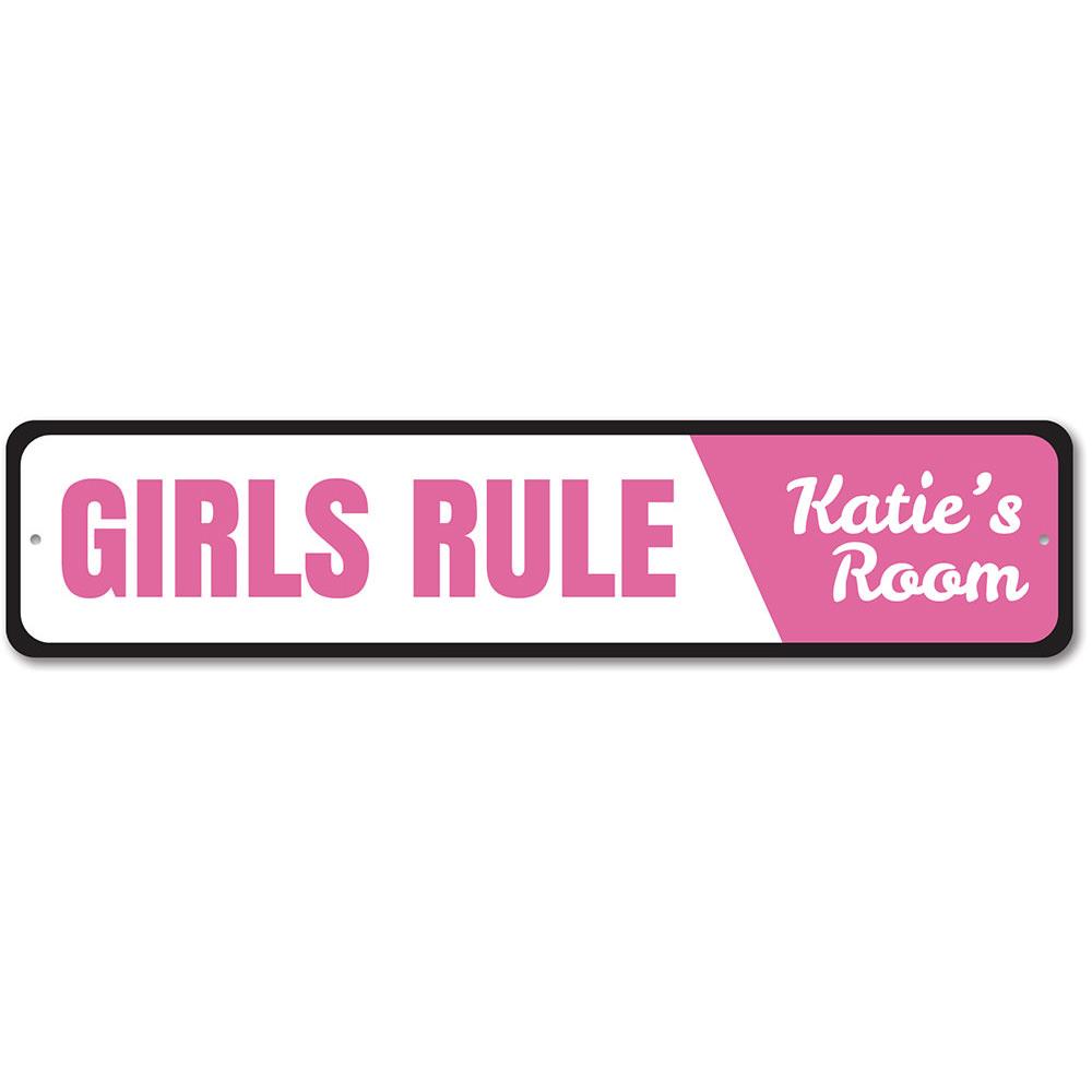 Girls Rule Sign made of high-quality aluminum, featuring vibrant colors and customizable text, perfect for children's rooms.