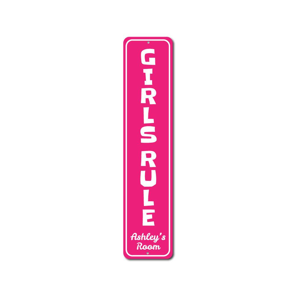 Girls Rule Vertical Sign made of high-quality aluminum, featuring vibrant colors and a fun design, perfect for kids' room decor.