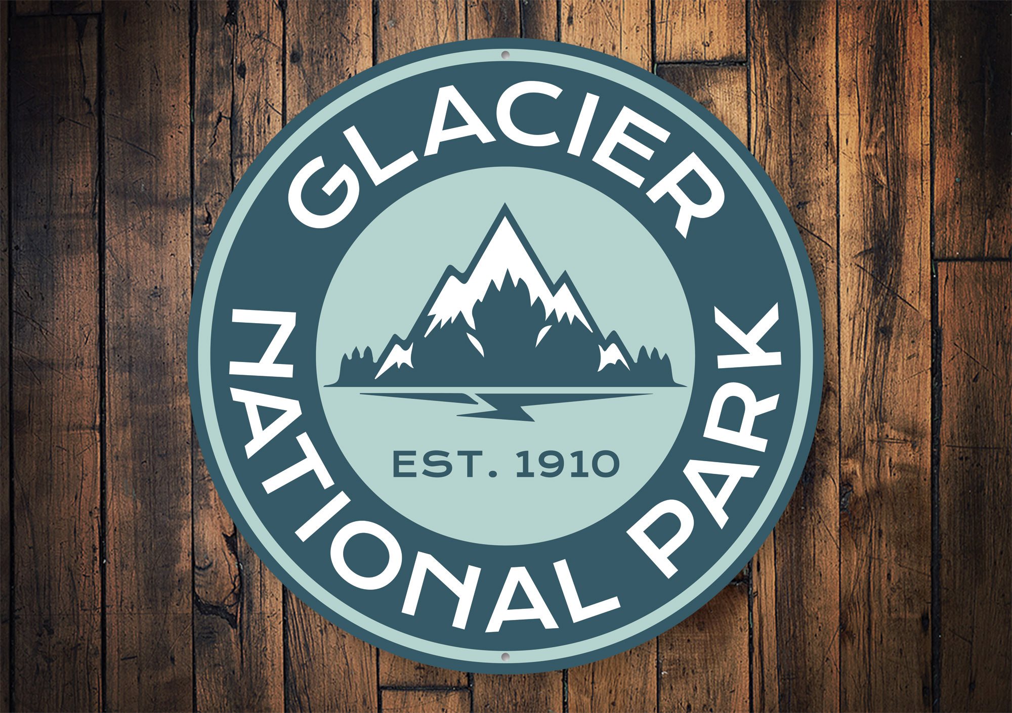 A decorative Glacier National Park Sign made of high-quality aluminum, featuring vibrant colors and a scenic design, perfect for home decor.