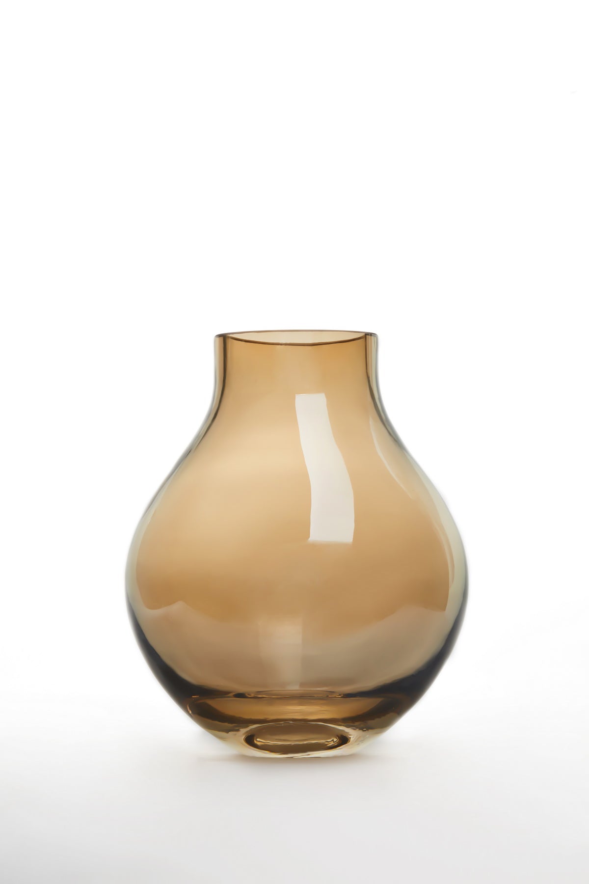 A luxurious bulb-shaped glass vase in light amber color, showcasing elegant curves and a glossy finish.