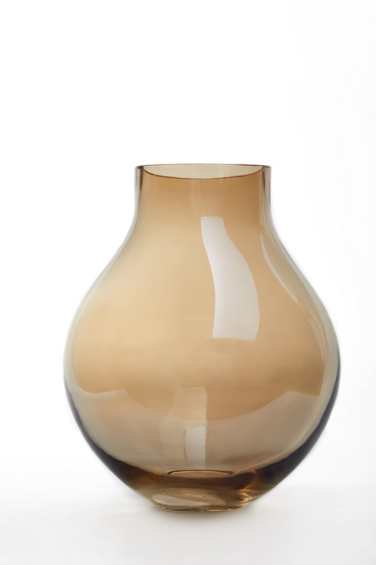 A luxurious bulb-shaped glass vase in light amber color, showcasing elegant curves and a glossy finish, perfect for home decor.