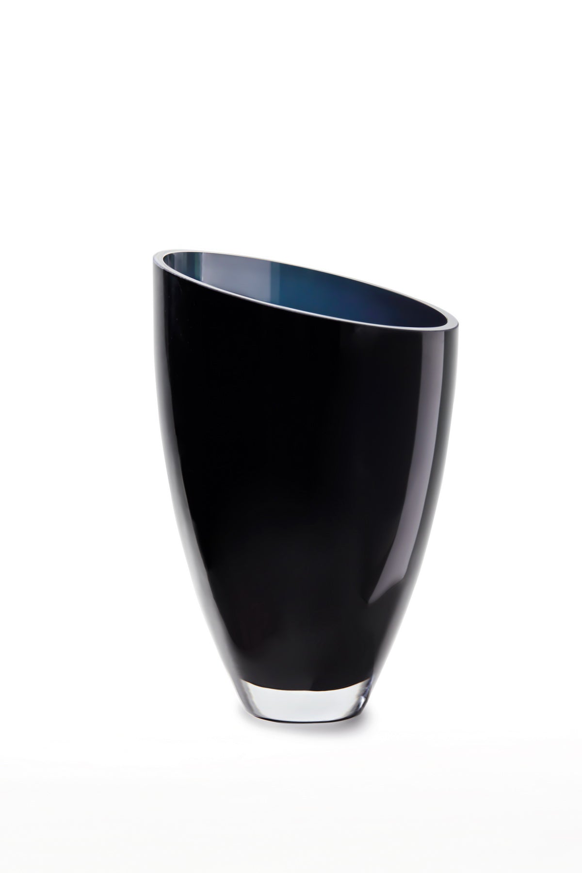 A luxurious 9mm thick glass vase in an inverse parabolic shape, featuring a deep Ink Blue color that enhances floral arrangements.