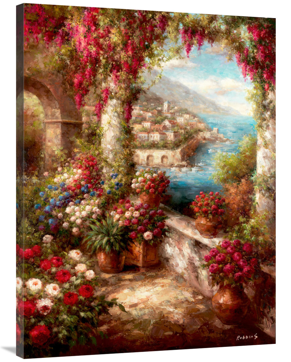 Flowers overlooking village with sea.