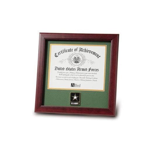 Go Army Medallion Certificate Frame featuring Army Green matting and gold trim, designed for 8x10 inch documents.