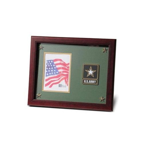 Go Army Medallion Picture Frame with Stars, featuring a mahogany wood finish and gold-trimmed green matting, designed for 5x7 inch photos.