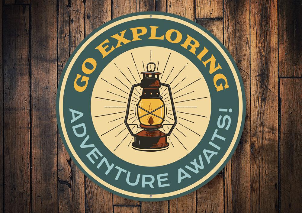 Go Exploring Sign made of high-quality aluminum, featuring customizable text and pre-drilled holes for easy mounting.