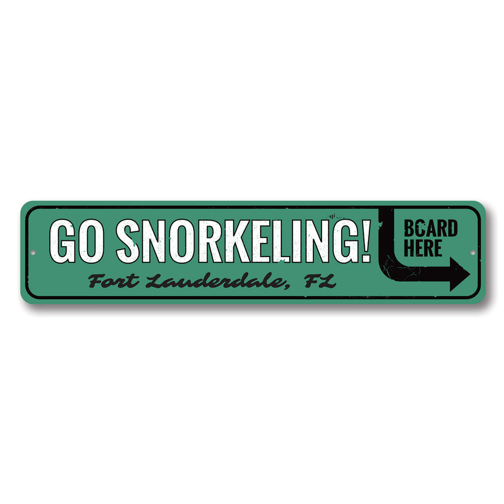 A vibrant Go Snorkeling Sign made of high-quality aluminum, featuring beach-themed graphics, perfect for coastal decor.