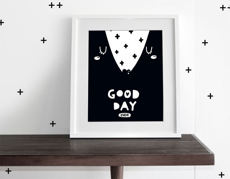 Good Day Wall Art featuring modern design for nursery decor, printed on heavyweight high-gloss paper with a white matte.