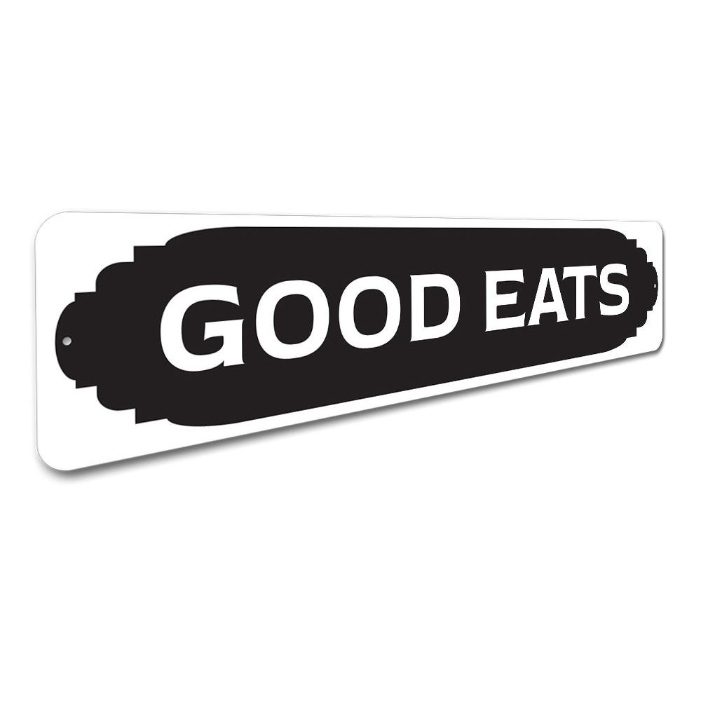 Good Eats Kitchen Sign made of durable aluminum, featuring a charming design perfect for kitchen decor.