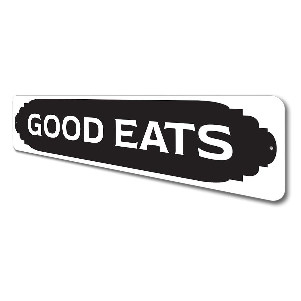 Good Eats Kitchen Sign made of durable aluminum, featuring a charming design perfect for kitchen decor.