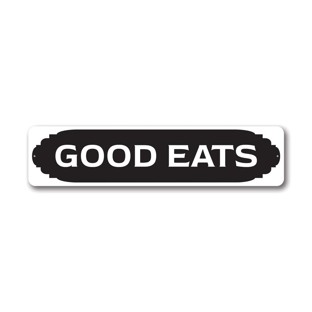 Good Eats Kitchen Sign made of durable aluminum, featuring a charming design perfect for kitchen decor.