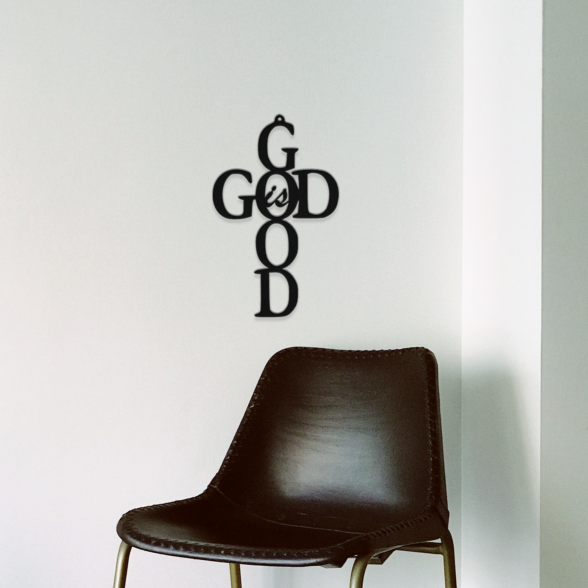 God is Good Cross Metal Wall Art made from durable 16 gauge steel with a low gloss powder-coated finish, symbolizing faith and strength.