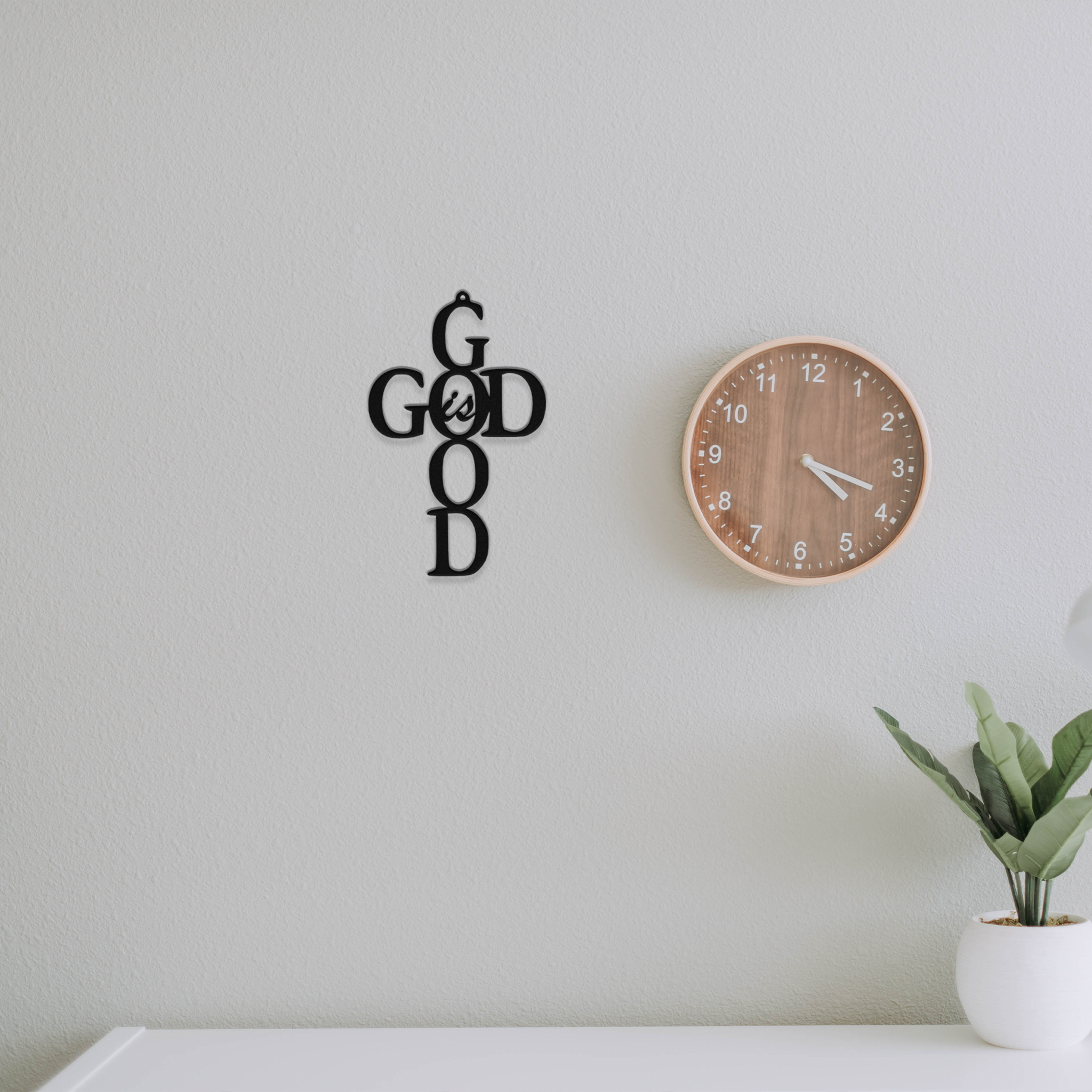 God is Good Cross Metal Wall Art made from durable 16 gauge steel with a low gloss powder-coated finish, symbolizing faith and strength.