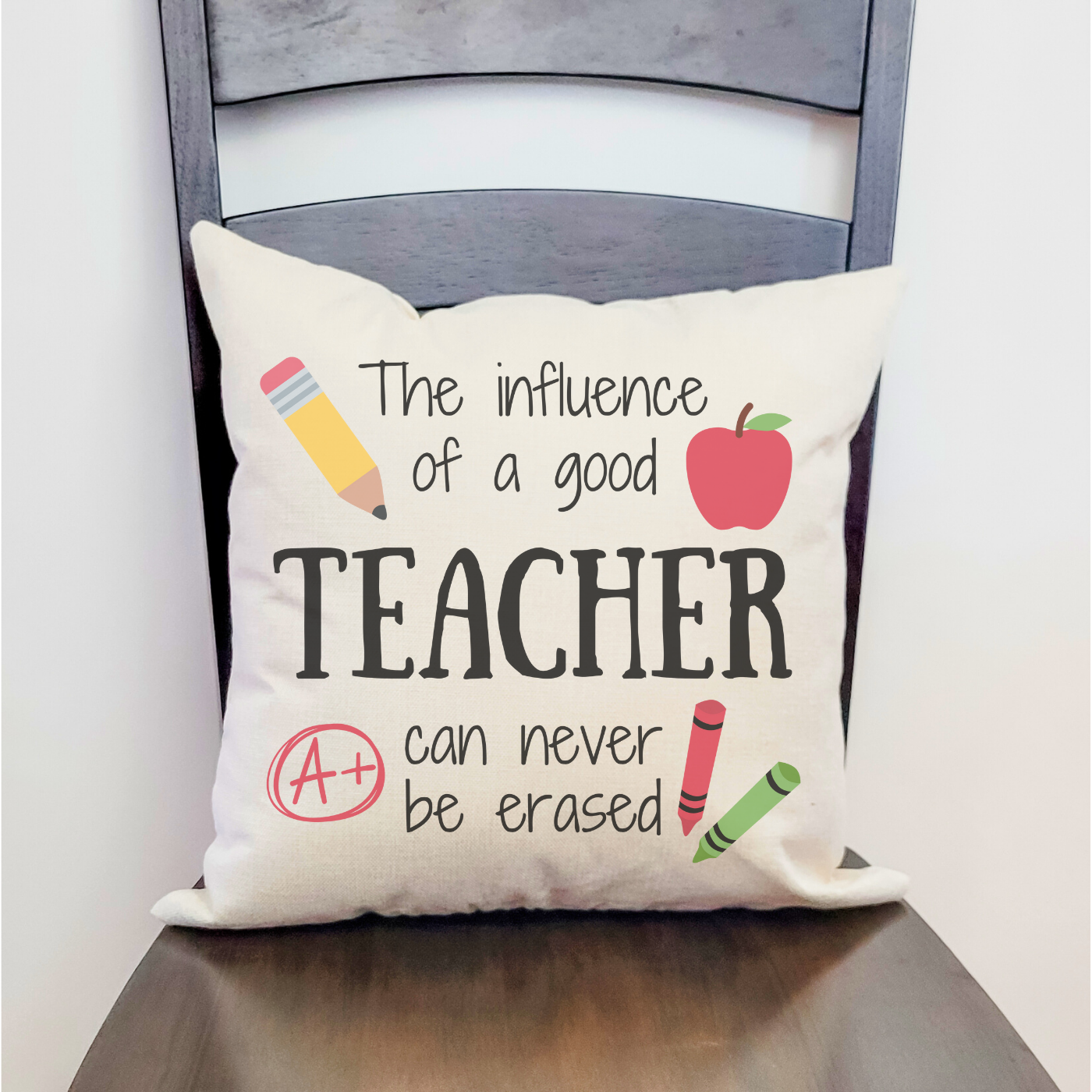 Good Teacher Pillow Cover in Farmhouse Beige, 18x18 inches, made of durable polyester linen, perfect for home or classroom decor.